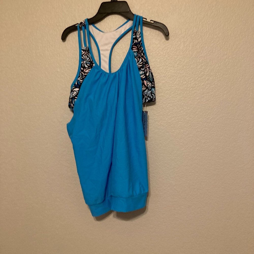 Yonique Blue Aztec Design Racer Back Padded Tankini Swim Top M